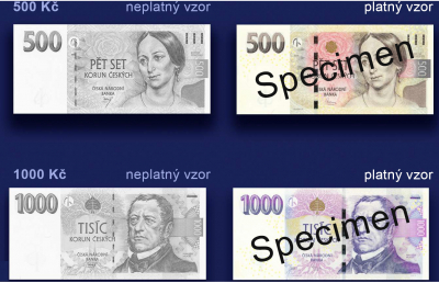 porównanie banknotów - z lewej nieważny, z prawej ważny, według CNB
