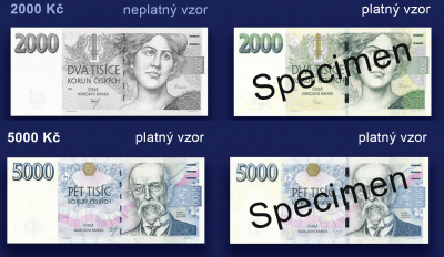 porównanie banknotów - 2000 CZK z lewej nieważny, z prawej ważny, banknoty 5000 CZK -  ważne są oba wzory, według CNB